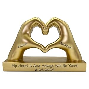 Gold Heart Shape Hand Statue Personalized for Girlfriend, Wife, Valentine’s Day Gifts for Women, Couples, Decorations, Trendy Room Decor, Custom with Names, Wedding Anniversary, Birthday