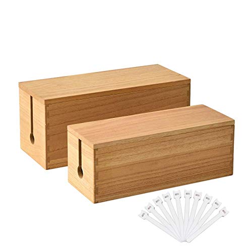 KIRIGEN Caja organizadora de cables de madera juego de 2, organizador de cables natural | Cajas de madera maciza grandes y pequeñas con tapas removibles para regletas de corriente, cargadores, routers y escritorios para casa y oficina