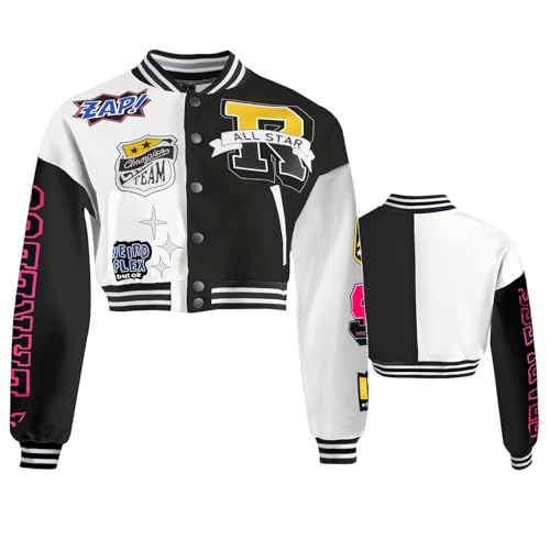Image of Teen Girls Crop Varsity Jacket Bomber Jacket Style Casual Fit Baseball Sport Y2K Streetwear Short Cardigan Sweatshirt