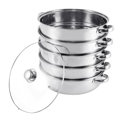 TRY-YEAN Edelstahl Dampfgarer Dampfkocher mit Glasdeckel, 5 Etagen 30cm, Kochgeschirr Mantovarka Topf Induktion für Knödel Induktionsherd