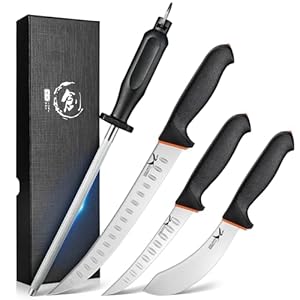 Golden Bird Butcher Knife Set – 4 Piece Professional BBQ Knife Set Include 6″ Boning, 6″ Skinning, 10″ Butcher Breaking Knives & 8″ Sharpener Rod