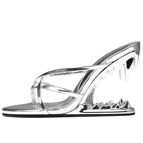 Image of Goiphrri Wedge Sandals for Women Strappy Heels Round Open Toe Heels Metallic Shark Tiger Teeth heeled Sandals Flip Flops Thong Womens Mules Slip on Party Dress Wedding Ceremony