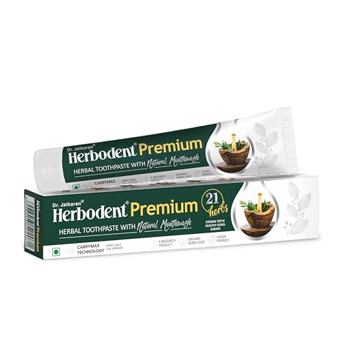 Herbodent® Pasta de dientes de alta calidad, 165 g, una mezcla única de 21 hierbas como neem, clavo, canela, cardamomo con enjuague bucal natural, sin parabenos, sin flúor, sin sacarina