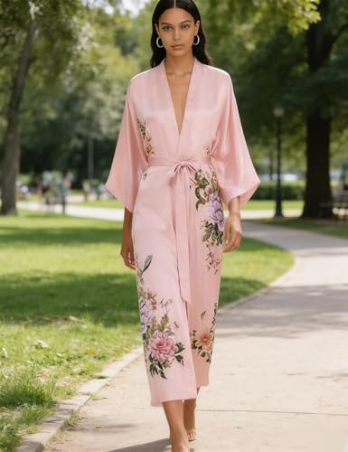 Image of Women's Classic 100% Silk Kimono Robe, Bathrobe-Printed Pattern