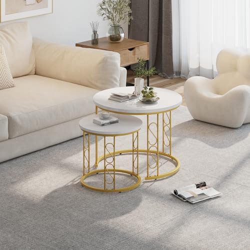 Image of Garden 4 you Coffee Table Faux Marble Nesting Table for Small Place 2 Sets Modern Furniture Living Room Sets End Side Table Night Stand for Bed Room Dining Room (White & Gold)