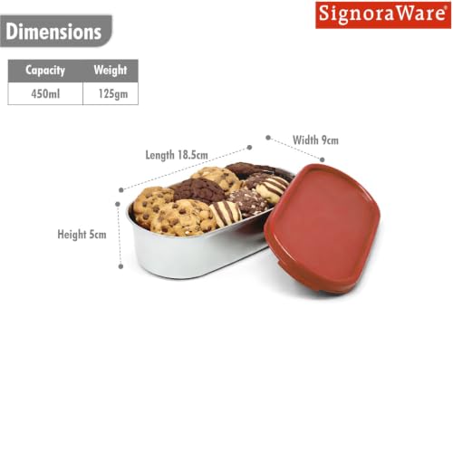 Image of Signoraware Flat Stainless Steel Oval Small Container,(450ml, Red), Airtight & Leakproof, Dishwasher safe, Best for School, Office, Picnics & Outdoor Activities, Great for Kids & Adults