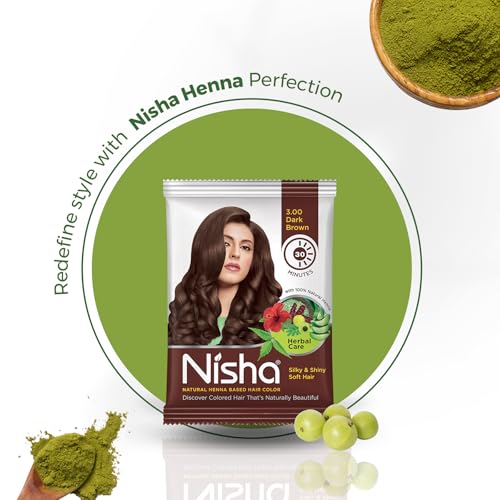 Image of Nisha Natural Henna Powder for Hair Colour, Dark Brown Semi-Permanent Hair Color, Herbal Conditioning Hair Dye for Silky & Shiny Soft Hair for Men & Women 10g (Pack of 10), Ammonia-Free