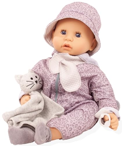 Götz 2561056 Cookie Graue Katze Puppe – 48 cm große Babypuppe mit blauen Schlafaugen, ohne Haare und einem Weichkörper – 9 teiliges Set