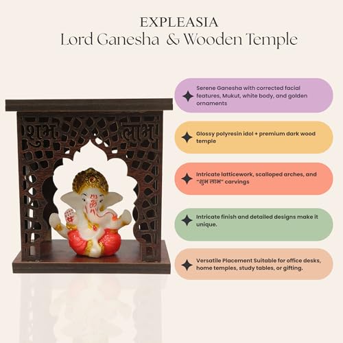 Image of EXPLEASIA Mukut Ganesha Idol with Wooden Temple with Rakhi for Home mandir| car Dashboard| Gift Items | Festival Item| showpiece| Temple Decor