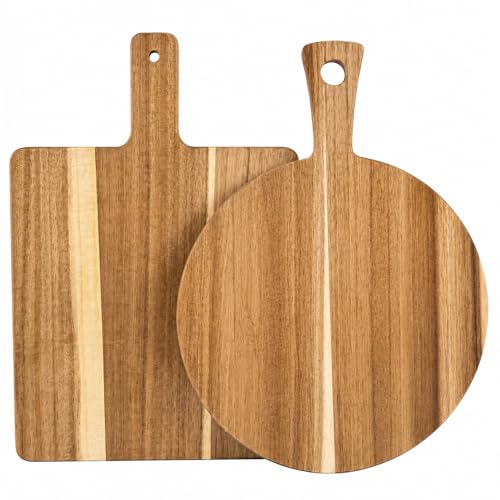 Acacia Wood Cutting Boards Set of 2, Round & Rectangular Wooden Cutting Board with Handle, Charcuterie Cheese Pizza Bread Steak Board, Decorative Wooden Cutting Boards for Kitchen