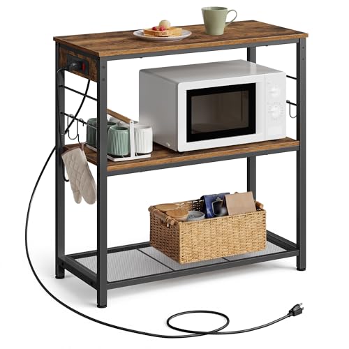 VASAGLE Kitchen Island with Power Strip, Microwave Oven Stand, Kitchen Shelf, Baker's Rack with 3 Open Shelves, 6 Hooks, Metal Frame, 15.7 x 31.5 x 35.4 Inches, Rustic Brown and Black UKKI102KD02S