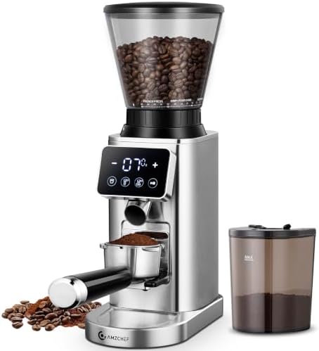 AMZCHEF Kaffeemühle Elektrisch, 48 Mahlgrade, Speicherfunktion, Edelstahl | 40 mm Kegelmahlwerk, 300 g Bohnenbehälter & Antistatik-System – für Espresso, Siebträger, Filterkaffee &
