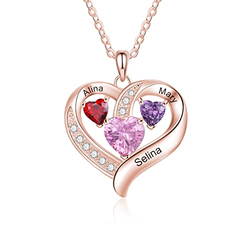 Fencci 10K/14K/18K Solid Gold Personalized Heart Necklace With 3 Birthstone Mom And 2 Child Birthstone Necklace Engraved Name Heart Pendant Mothers Day Birthday Gifts For Mothter Daughter Sister Wife Father #TOP1