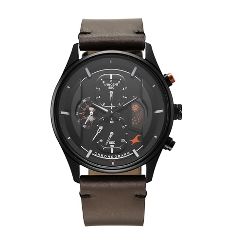 Image of Fastrack Opulence Sun Moon Chronograph Black Dial Brown Leather Strap Analog Quartz Watch for Guys