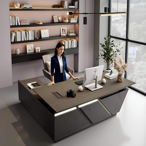 Modern Executive Desk - Adjustable Height L-Shaped Executive Desk with Drawers & File Cabinet, Black Luxury Home Office Desk, Standing Desks Business Workstation with Universal Charging Port, 78.74 In