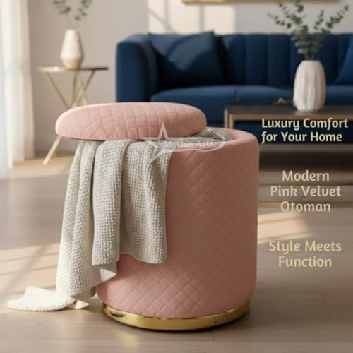 Image of Premium Round Storage Ottoman Stool 16 X 16X 19 inch, with Gold Metal Base | Luxury Pouffe with Hidden Storage | Cushioned Footrest for Living Room, Bedroom & Lounge Pink