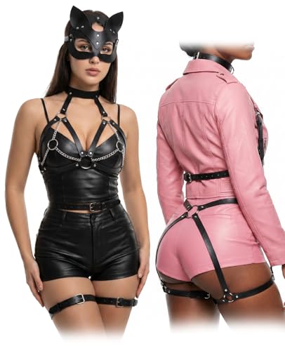 FAMULP 3 Pcs Leather Harness Women Set, Leather Thigh Chest Waist Body Harness Black Punk Belt & With Fox Mask for Goth Fashion Cosplay Halloween, Adjustable