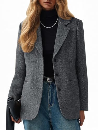 Image of Mina Self Coats for Women 2026 Fall Winter Gray Wool Tweed Outfit Womens Blazers Old Money Fashion Dressy Casual Party Job Interview Business Attire Women