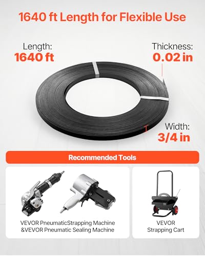 Image of VEVOR Steel Strapping Coil, 3 /4 in x 0.02 in x 1640 ft, Metal Strapping Banding Roll Withstands Harsh Environment, 1700 lbs Break Strength, Heavy Duty Banding Pallet Strap Coil for Pallet Packing