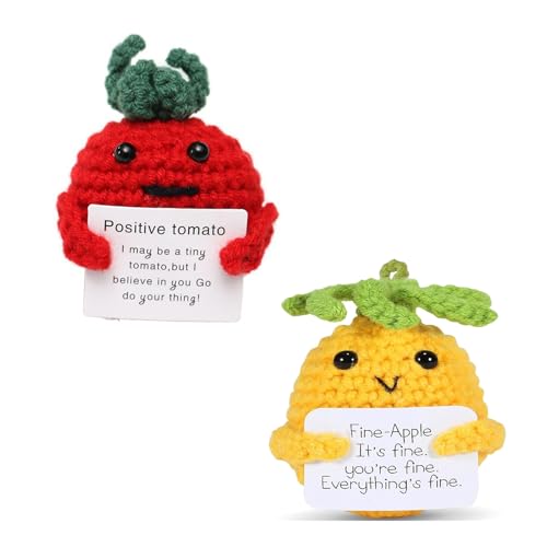 Asheyya 2 PCS Positive Tomato & Pineapple Affirmation Gifts for Men Women Mini Knitted Good Luck Charm Motivational Gifts with Positive Card