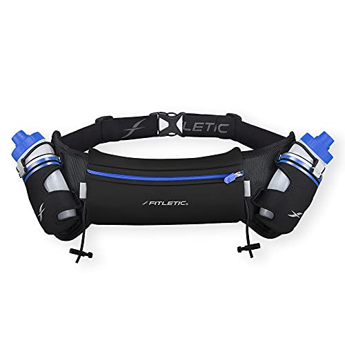Fitletic Hydration Running Belt with Water Bottles for Men & Women – 2 Quick Flow 8oz Running Water Bottles, Patented Bounce Free Design, Water Resistant Pouch Fits All Phones – Hydra 16