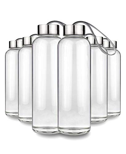 Teikis Clear Glass Water Bottles 6 Pack - 18 oz Glass Bottles with Caps Leak Proof - Glass Juice Bottles for Juicing - Reusable Glass Bottle for Juicing, Water, Smoothie