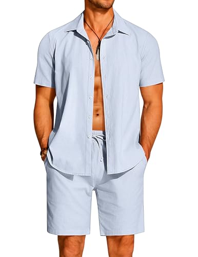 COOFANDY Men's 2 Pieces Cotton Linen Set Short Sleeve Button Down Shirts Summer Beach Shorts Casual Outfits
