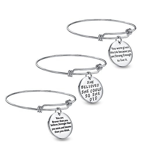 Wanmei 3pcs Wire Bangle Stainless Steel expendable Charm Bracelet, Engraved Message Motivational Inspirational Words Round Charm Pendant Adjustable Bracelet set, best gift for women