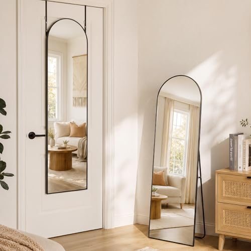 BEAUTYPEAK 15"x 56" Over The Door Mirror, Arched Full Length Mirror with Floor Stand and Aluminum Frame, Adjustable Hooks, Wall Mounted or Standing for Bedroom, Living Room, Bathroom, Dorm, Black