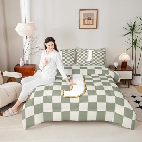 Image of Erosebridal Sage Green Checkered Kids Comforter Sets Plaid Initial J Full Bedding Set for Adults Personalized Monogram Comforter Set,Fashion Grids Gingham Quilt Duvet 3 Pcs