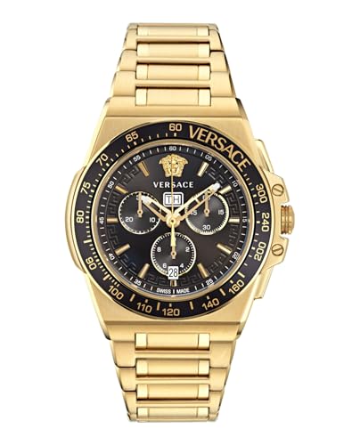 Versace Greca Extreme Chrono Collection Luxury Mens Watch Timepieces with a Gold Bracelet and Case featuring a Black Dial