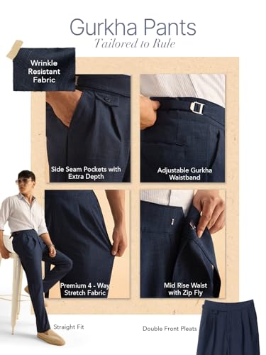 Image of The Souled Store: Gurkha Pants Men and Boys Solid Polyester Blend Straight Fit Adjustable Waistband 4-Way Stretch Wrinkle Resistant Pleated Front Trousers