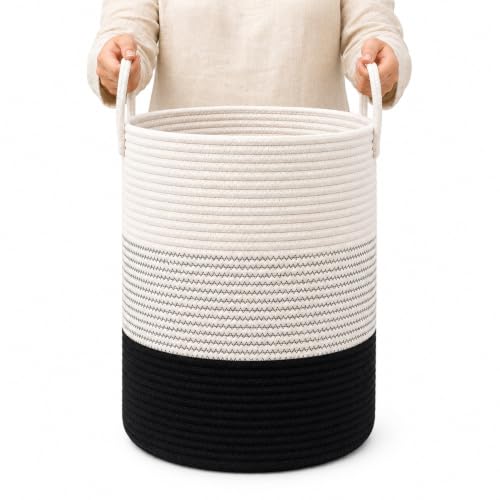 Image of OrganiHaus Tall Cotton Rope Laundry Basket & Hamper, Blanket Storage 52L | 3-Toned Black - Tall Cotton Rope Hamper, 52L