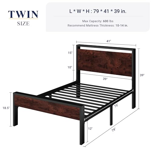 Image of Allewie Twin Size Bed Frame, Heavy Duty 12 Metal Slats Support, Mahogany