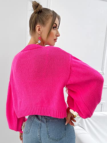 Makemechic Women's Floral Applique Lantern Sleeve Open Front Cropped Cardigan Sweater Hot Pink L #TOP1