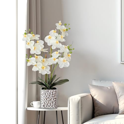 SJC Orchid Artificial Flowers with Sliver Vase Large Silk Faux Phalaenopsis Flowers for Dining Room Table Floral Centerpieces Indoor Decoration,White by SJC - Image 3