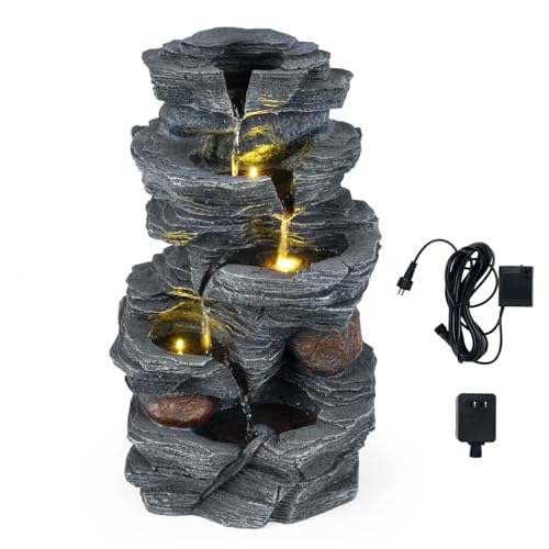 HOMASIS Fontana da Giardino con Effetto di Roccia, Fontanella Decorativa a 5 Livelli con Luci, Flusso d'Acqua e Pompa Regolabile, Arredo in Resina per Interno, Tavolo, Esterno, Balcone e Laghetto