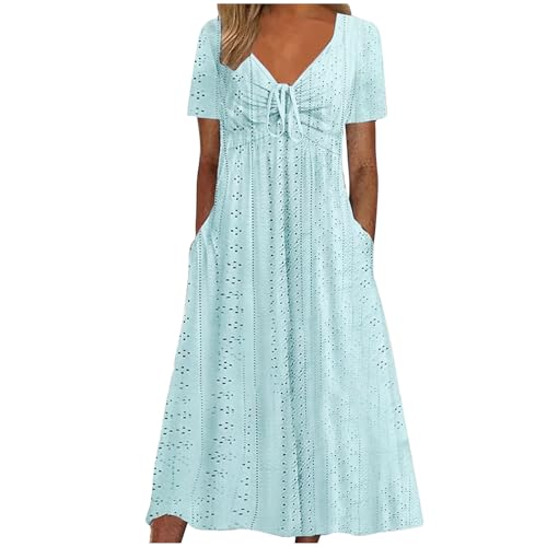 Vestidos Largo para Mujer 2024 Vestido de Noche Manga Corta Elegante Verano Color sólido Bolsillos Casual Vestidos Cuello en V Cordón Fiesta Moda Playa Suelto Vestido Vacaciones