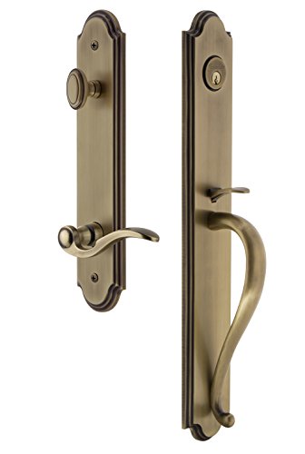 Grandeur 846766 Hardware Arc One-Piece Handleset with S Grip and Bellagio Lever in Vintage Brass, Backset Size-2.75", Single Cylinder Lock