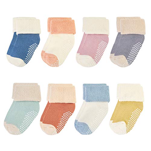 VWU Ankle Crew Socks with Grips, Baby Toddler Kids Unisex Warm Thick Cotton Socks 0-6T 6-Pack (8 Color B, 3-12 Months)
