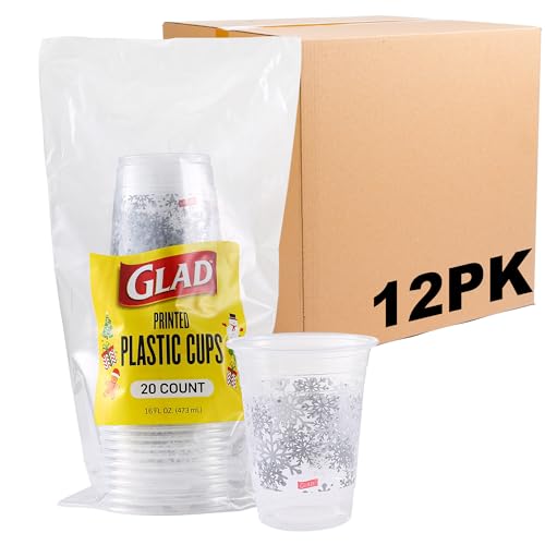 Glad Everyday Clear Plastic Cups with Holiday Snowflake Design, Strong and Sturdy 16 oz Disposable Drinking Cups for Cold Beverages and Holiday Gatherings, Gray and White, 20 Count - 12 Pack