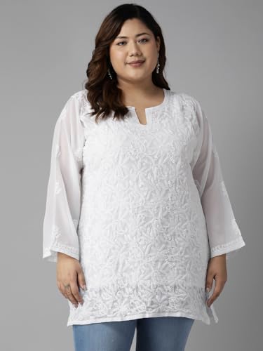 Image of Ada Women's Georgette Regular Fit Chikankari Hand Embroidered Lucknow Short Kurti Top A911224