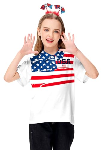 Image of AOBUTE Kids 4th of July Polo American Flag Short Sleeve Button Down Shirts Tops 3-14 Years