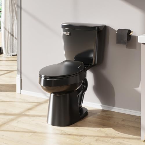 ELLAI Two Piece Elongated Toilets ADA Chair Comfort Height 16.5" Powerful Single Flush 1.28 GPF 12” Rough In with Side Trip Lever, Glossy Black 28.3