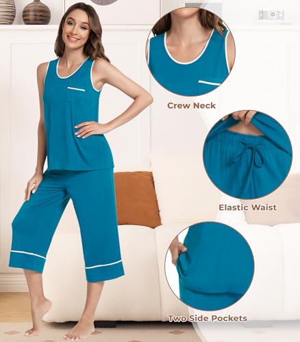 Image of NACHILA Pajamas Set for Women-Viscose Made from Bamboo, Tank Top with Capri Pants Pajama Cool Sleepwear Sleeveless Pjs