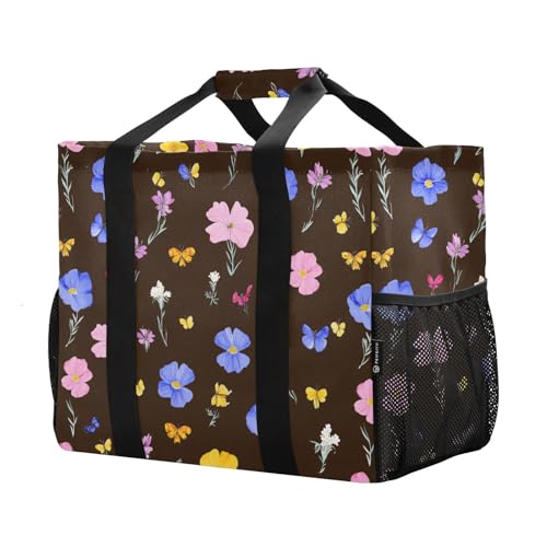 JUNZAN Cute Florals in Black Utility Bag Foldable Tote Bag For Beach With Pockets Resuable Grocery Bags with Handles Laundry Bag Travel