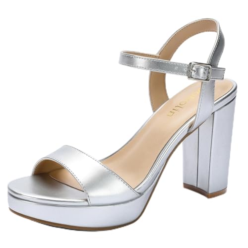 Image of Wide Width Heels for Women Block Chunky Platform High Heels Sandals Open Toe Wedding Party Ankle Strap Dress Shoes