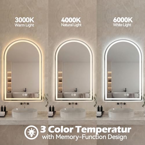 Image of Sweetcrispy 24 inchx32 inch LED Bathroom Backlit Mirror with Lights, Arched Vanity Mirror with Anti-Fog, Dimmable, 3-Color Light, Memory Function, Tempered Glass