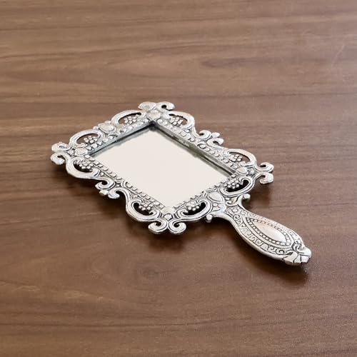 Image of KridayKraft Beautifully Vintage Hand Mirror, Carved Square Shape Gold Plating Metal Hand Mirror for Makeup, Travelling, Ornate Victorian Style & Decorative Antique Item
