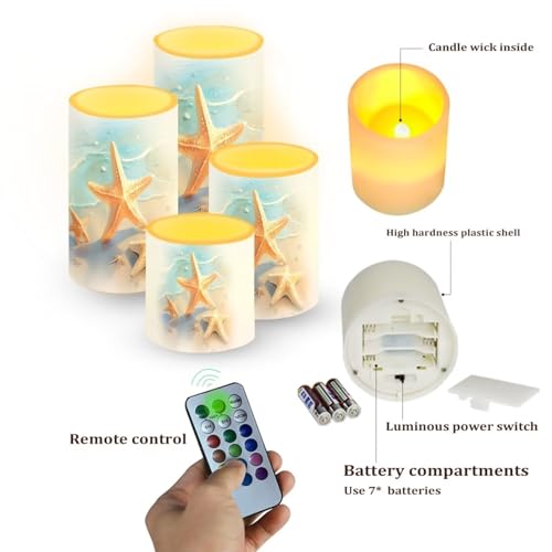 Image of Flameless Candles Battery Powered LED Pillar Candle Tealights with Remote Timer Color Changing Control for Indoor Outdoor Coastal Home Decor Set of 4, Beach Starfish Blue